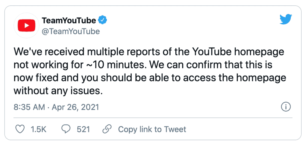 YouTube twitter outage alert