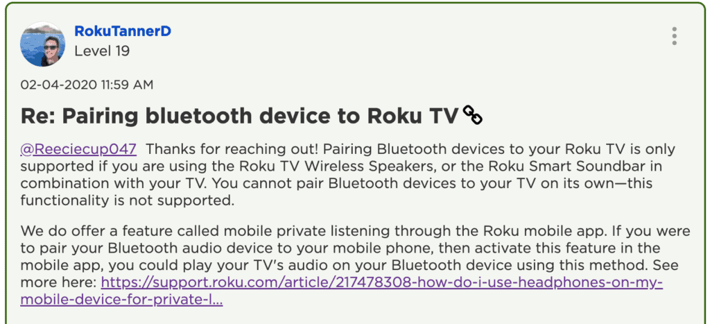 Roku based TVs do not support Bluetooth