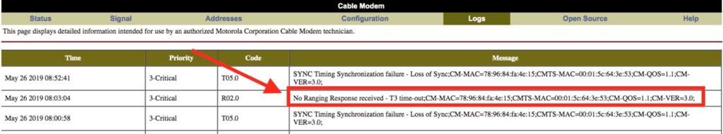 T3 Time-Out modem log