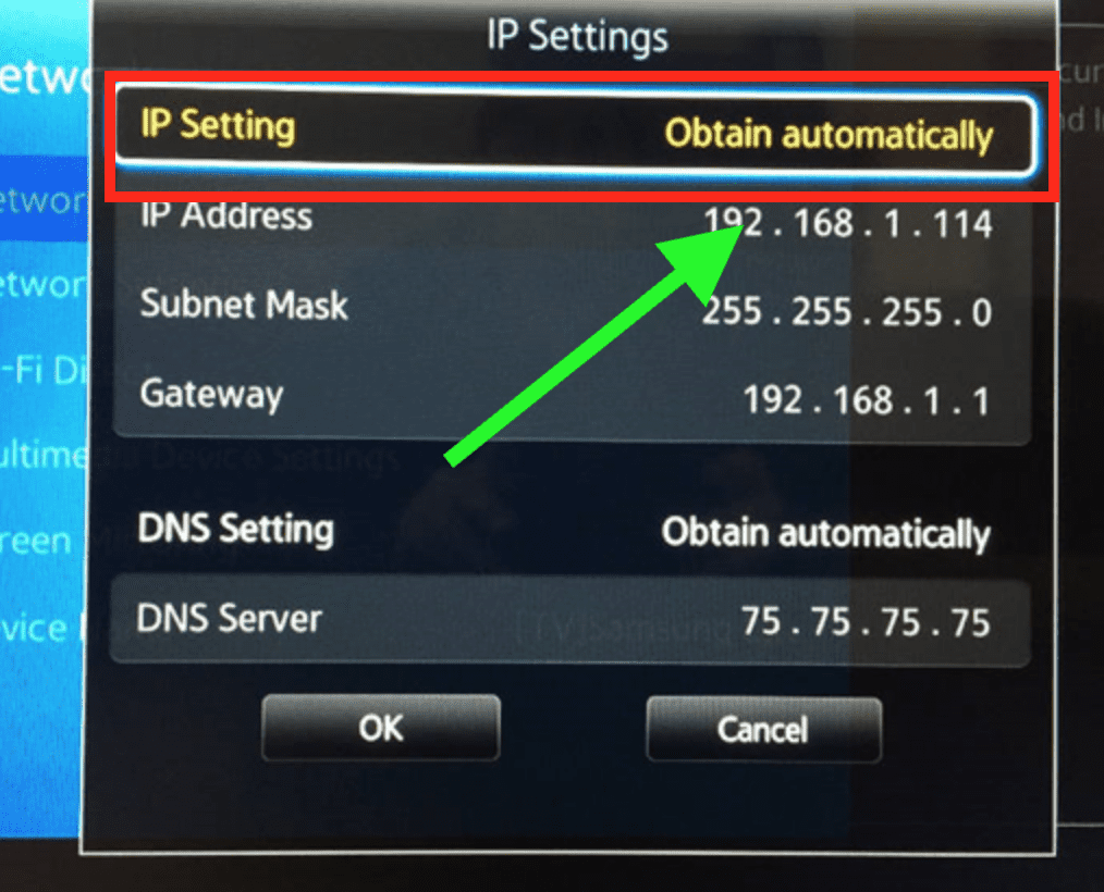 Set IP Setting on Samsung TV to Obtain automatically
