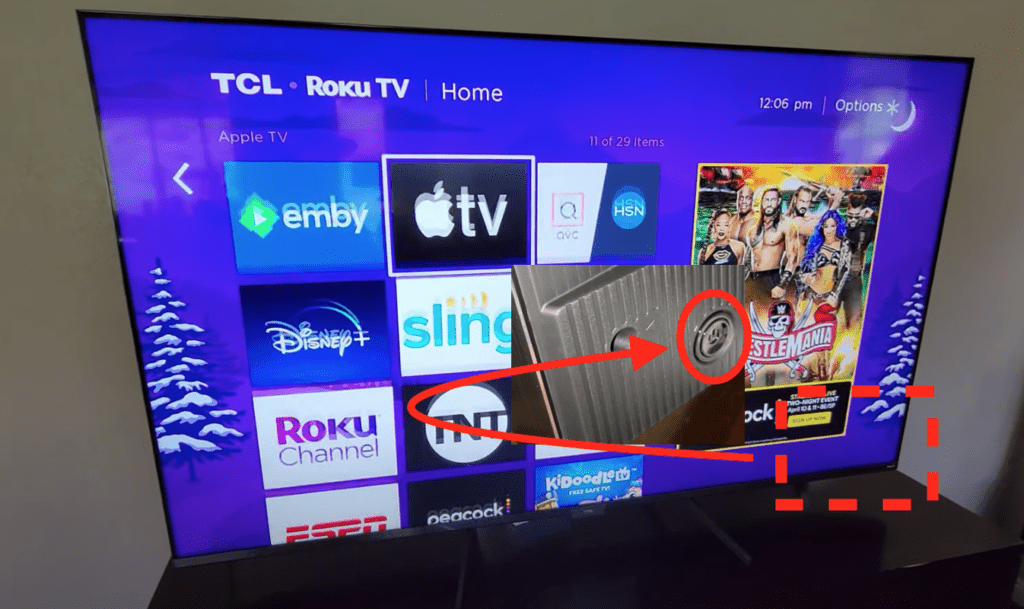 roku power button back of TV on the LOWER right hand side