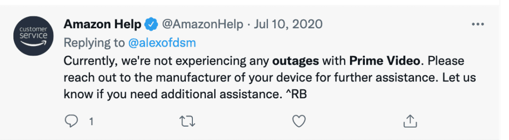 Amazon Prime Video twitter outage alert