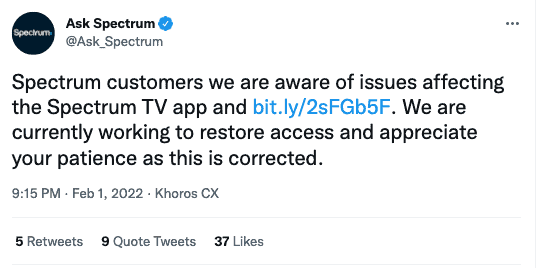 spectrum app twitter outage alert