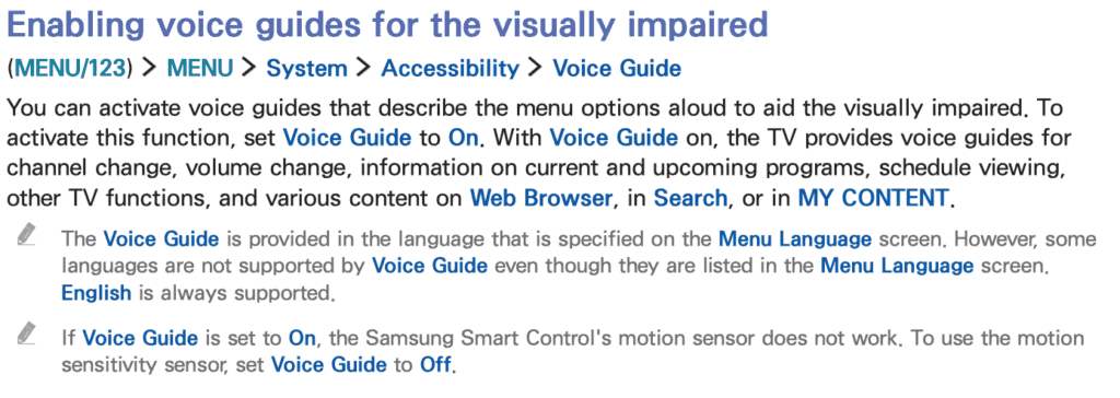 Disable voice on 2014 – 2018 Samsung TV models