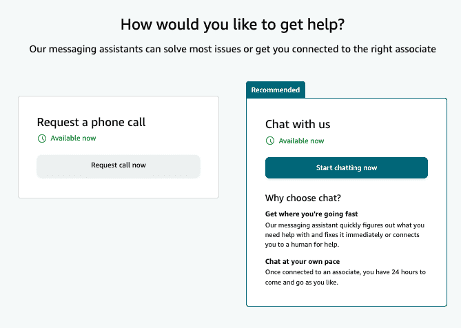 amazon support chat or call