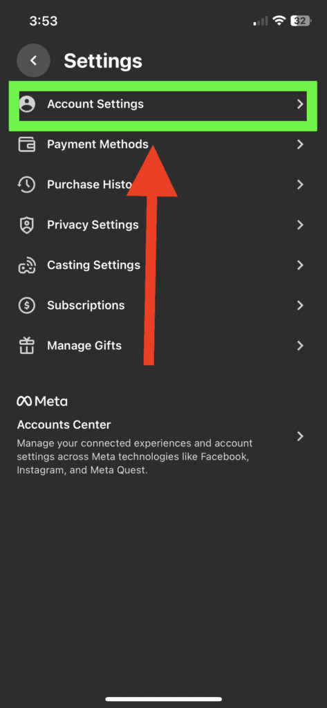 account settings in meta quest app