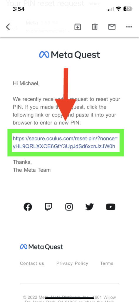 meta quest pin email reset