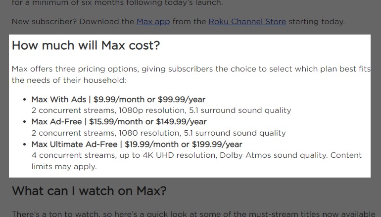 HBO Max Roku Costs