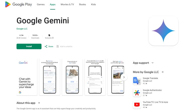Google Gemini on the Google Play Store
